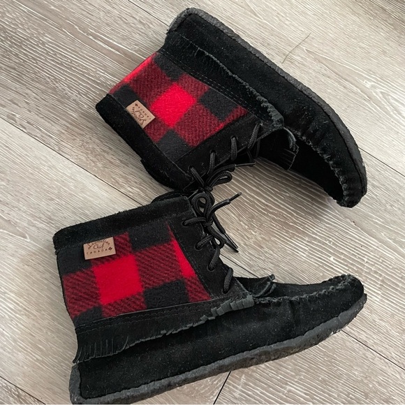 Laurentian Chief Genuine Suede Leather Fringe Moccasin Booties Buffalo Plaid - Picture 7 of 7
